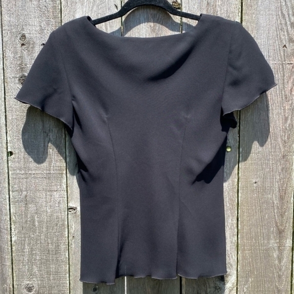 Vintage S. L. Fashions Black Flutter Sleeve Blouse White Hem Women's Size 10 EUC - Picture 2 of 6